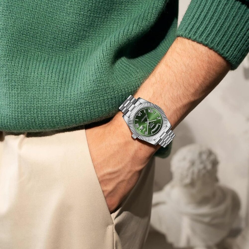 Men's Silver Green Stainless Steel Analog Classic Design Stylish Wrist Watch - Picture 5 of 6